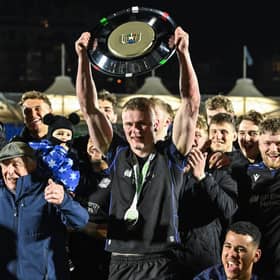 Glasgow Warriors' Fergus Watson lifts the Scottish-Italian Shield after the win over Benetton at Scotstoun.