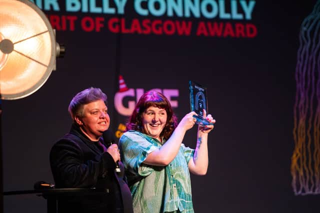 Sir Billy Connolly Spirit of Glasgow Award winner Amanda Dwyer, with fellow comedian Susie McCabe