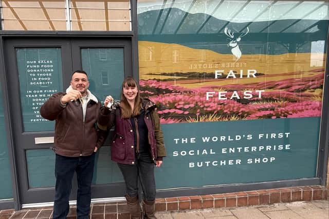 Fair Feast's Helen Stewart and butcher Kevin Lawson outside their new butcher shop in Pitlochry