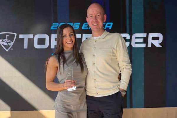 Amy and Kenny Monaghan show off the Toptracer Newcomer of the Year Award won by Strathclyde Family Golf Centre in Madrid last week