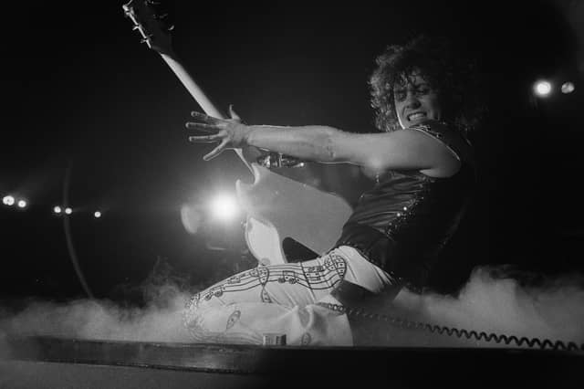 Marc Bolan performs with T-Rex, at The Apollo, Glasgow, on January 22, 1974 (Picture: Michael Putland)