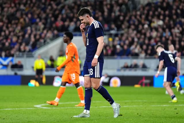 Scotland's George Hirst reacts to a missed chance during an international friendly match at Hill Dickinson Stadium, Liverpool.