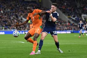George Hirst made his first start for Scotland in over nine months against Ivory Coast on Tuesday. Cr: Getty Images.