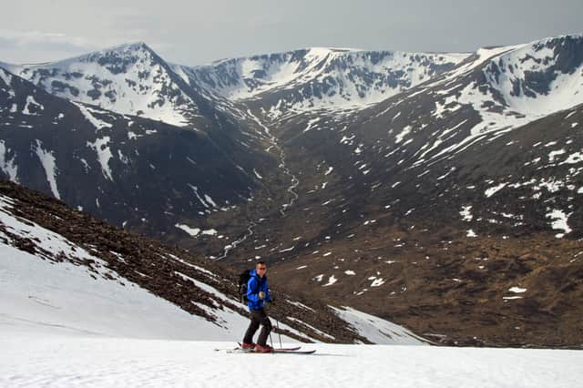 Paul Easto, about to make a spring descent from 1,309m Ben Macdui to the Lairig Ghru via Coire Mor