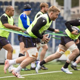 Kyle Steyn during a Glasgow Warriors training session at Scotstoun Stadium. The winger returns from injury to captain the side against the Bulls.
