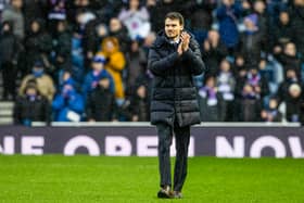 Rangers head coach Danny Rohl applauds the fans after his side's 4-2 Premiership win over Dundee United at Ibrox. 