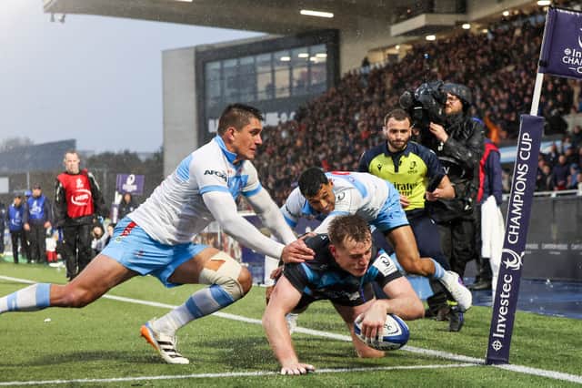 Glasgow Warriors' Stafford McDowall scores his side's fourth try during the Champions Cup round of 16 win over Vodacom Bulls at Scotstoun Stadium. (Photo by Ross MacDonald / SNS Group)