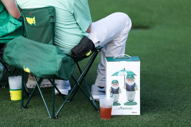 A detailed view of a boxed gnome with his umbrella for this year’s Masters
