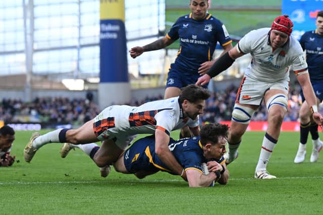 Hugo Keenan of Leinster scores a try during the Champions Cup match win over Edinburgh Rugby at Aviva Stadium.