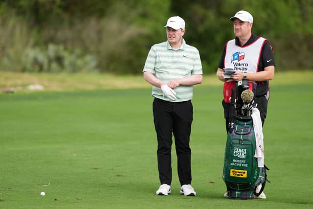 Bob MacIntyre and his caddie Mike Burrow pictured during the third round of the Valero Texas Open at TPC San Antonio