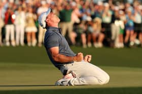 Rory McIlroy celebrates winning the 2025 Masters Tournament after beating Justin Rose in a play-off 