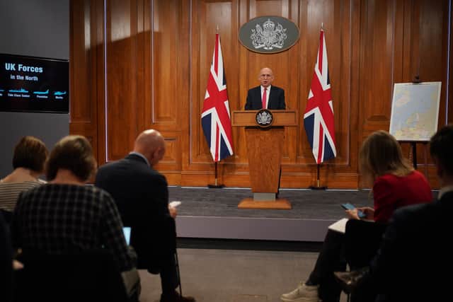 Defence Secretary John Healey delivers a statement on recent UK operational activity at 9 Downing Street in Westminster
