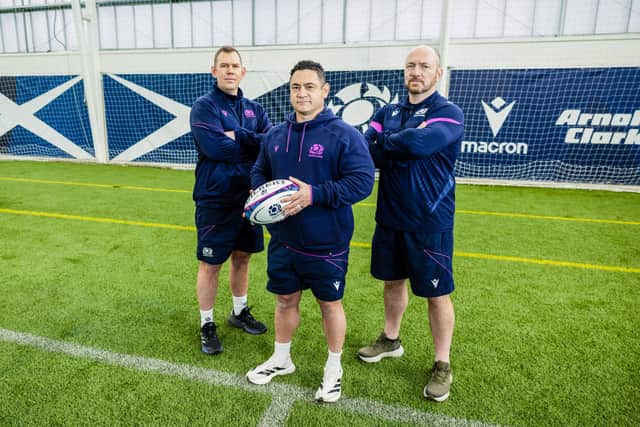 Scotland Women head coach Sione Fukofuka (C), senior assistant coach Ioan Cunningham (L) and forwards coach Dave Butcher during a training session at the Oriam.