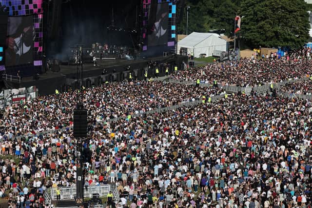 A huge crowd of fans watching The Snuts on the Main Stage at TRNSMT in 2022.