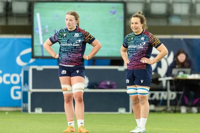 The uncapped Emily Coubrough, left, will make her Scotland debut against Wales. She is pictured in training alongside captain Rachel Malcolm.