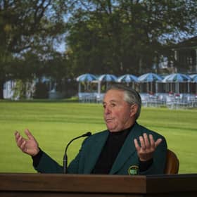 Three-time Masters champion Gary Player talks to the media at Augusta National on Thursday