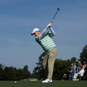 Bob MacIntyre tees off at the first in his final practice round for the 90th Masters at Augusta National Golf Club