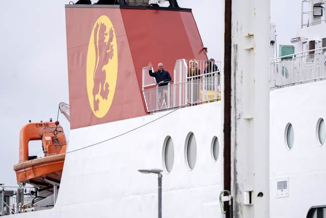 SNP leader John Swinney waving from CalMac ferry Loch Seaforth as he arrived in Stornoway on April 8