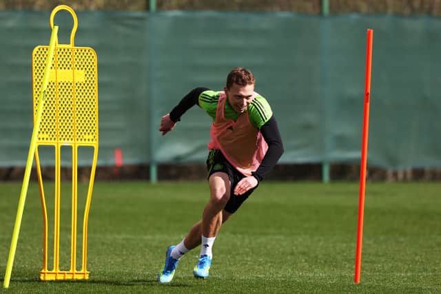 Alistair Johnston during a Celtic training session at Lennoxtown on April 10, 2026. (Photo by Craig Williamson / SNS Group)