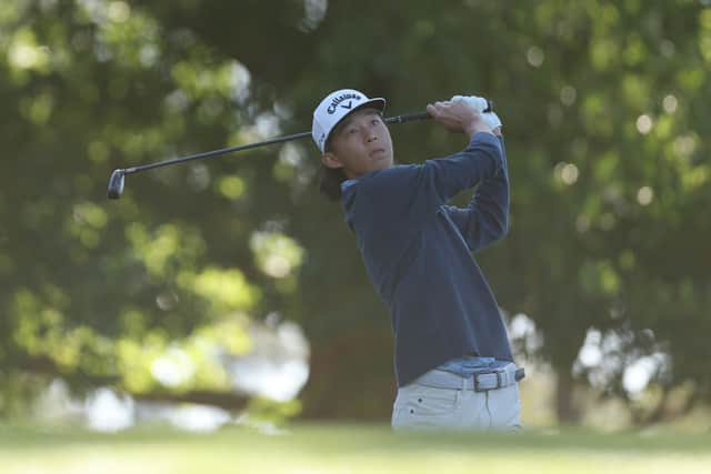 Amateur Ethan Fang of the United States plays a shot from the fourth hole tee box during the second round of the 2026 Masters at Augusta National Golf Club on April 10, 2026. (Photo by Maddie Meyer/Getty Images)