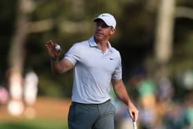 Rory McIlroy reacts after making a birdie on the 15th hole in the second round of the 2026 Masters Tournament at Augusta National Golf Club 
