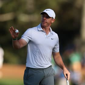 Rory McIlroy reacts after making a birdie on the 15th hole in the second round of the 2026 Masters Tournament at Augusta National Golf Club 