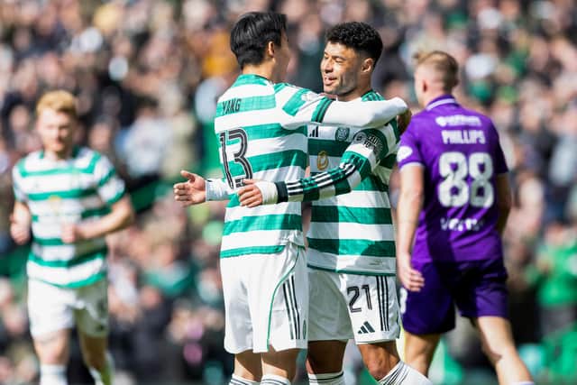 Alex Oxlade-Chamberlain celebrates his winning goal for Celtic against St Mirren at Celtic Park on Saturday afternoon.