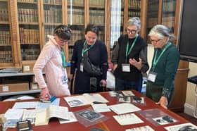 Laura Ford, Jacqueline Donachie, Tania Kovats and Louise Gibson discussing Muriel Spark’s archive at the National Library of Scotland.