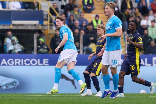 Napoli goalscorer Scott McTominay watches his shot nestle in the back of Parma net in the Serie A match at Stadio Ennio Tardini.