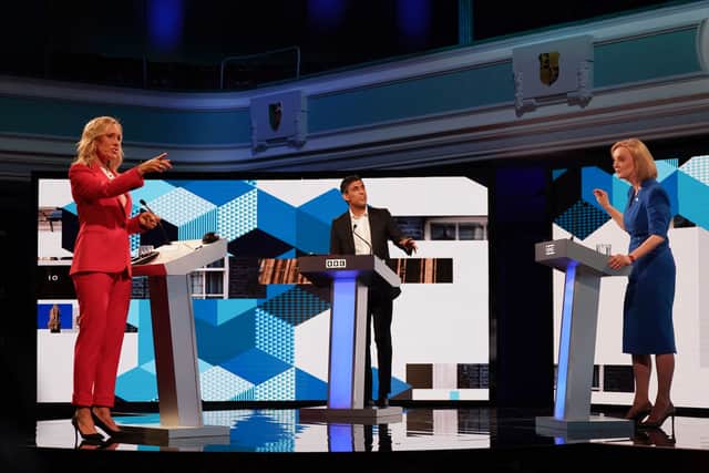 Sophie Raworth hosting BBC's 'The UK's Next Prime Minister: The Debate' with former foreign secretary Liz Truss and former chancellor to the exchequer Rishi Sunak in 2022.