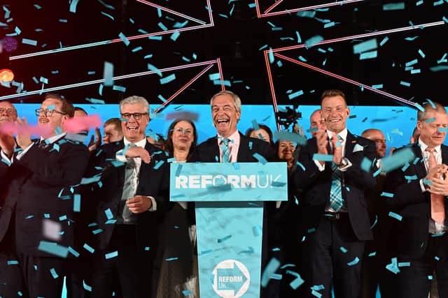 Reform candidate Thomas Kerr, Scottish leader Malcolm Offord, UK leader Nigel Farage, chairman Dr David Bull, and candidate Graham Simpson on stage at the P&J Live in Aberdeen.