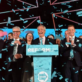 Reform candidate Thomas Kerr, Scottish leader Malcolm Offord, UK leader Nigel Farage, chairman Dr David Bull, and candidate Graham Simpson on stage at the P&J Live in Aberdeen.