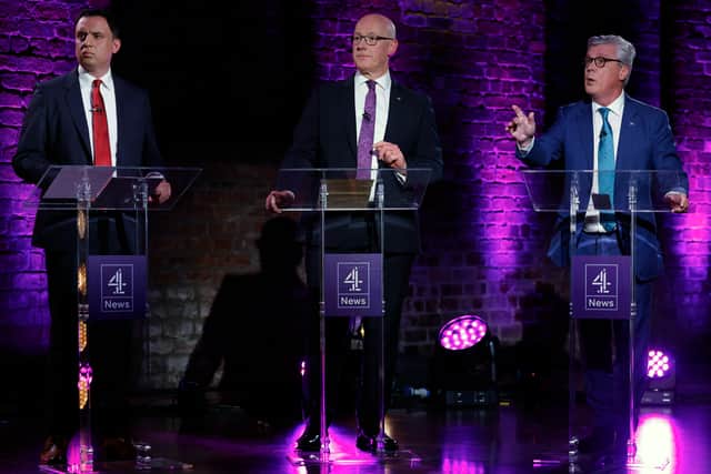Anas Sarwar, John Swinney and Malcolm Offord at the Channel 4 Holyrood leaders debate in Glasgow