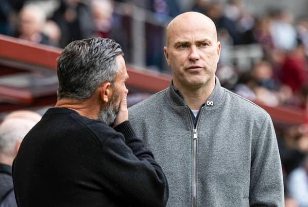 Hearts head coach Derek McInnes (left) and his Motherwell counterpart Jens Berthel Askou.