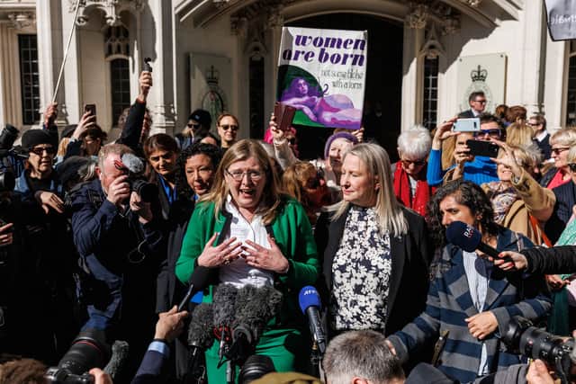 Susan Smith, left, and Marion Calder, directors of campaign group For Women Scotland, celebrate after the Supreme Court ruled on April 16 last year that the words 'woman' and 'sex' in the Equality Act 2010 refer to a 'biological woman and biological sex' (Picture: Dan Kitwood)