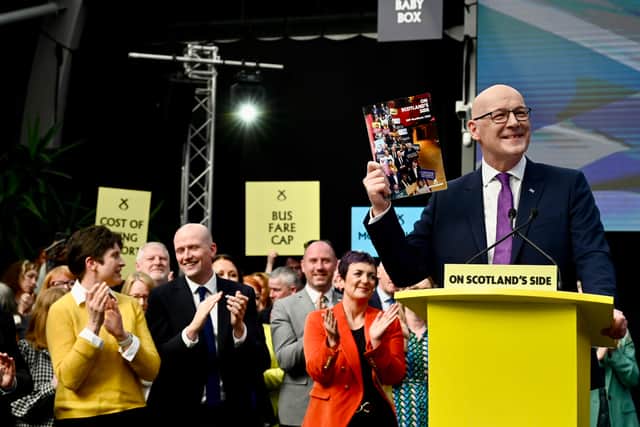 First Minister John Swinney at the launch of the SNP Manifesto in the Scottish Elections 2026