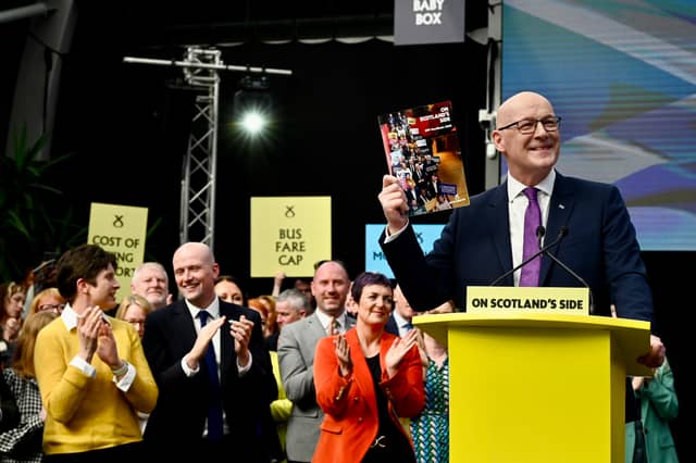 First Minister John Swinney at the launch of the SNP Manifesto in the Scottish Elections 2026