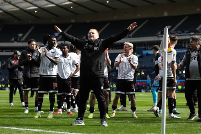 Neil Lennon and his Dunfermline players celebrate a big day at Hampden.