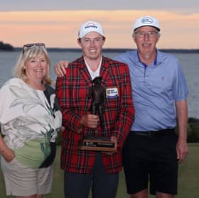 Matt Fitzpatrick shows off the trophy alongside mum  Sue and dad Russell after winning the RBC Heritage for a second time at Harbour Town Golf Links in Hilton Head Island, South Carolina