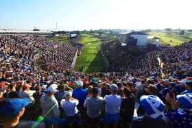 Fans pictured in the 1st tee grandstand at the 2023 Ryder Cup at Marco Simone Golf Club in Rome