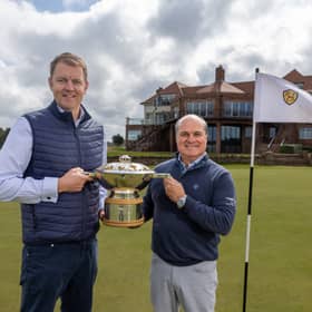 Genesis Scottish Open championship director Rory Colville, left, and John Sarvadi, CEO of The Renaissance Club,  celebrate the Rolex Series event being held at the East Lothian venue through to 2030