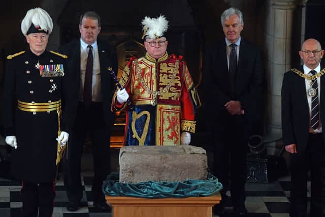 The Stone of Destiny is displayed during a Beating Retreat ceremony at Edinburgh Castle (Picture: Mike Boyd/pool)