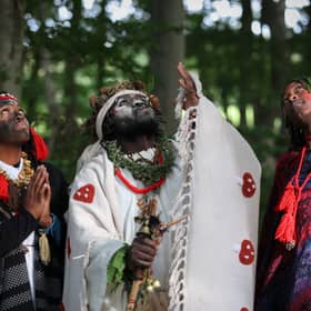 'King Atehene' and 'Queen Nandi' with handmaiden 'Asnat' of the self-styled "African tribe", Kingdom of Kubala. 