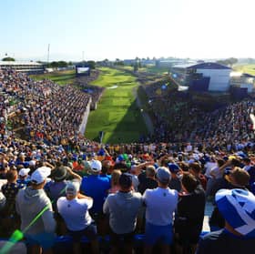 Fans pictured in the 1st tee grandstand at the 2023 Ryder Cup at Marco Simone Golf Club in Rome | Getty Images  