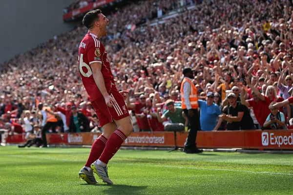 Andy Robertson celebrates his goal from Liverpool in the 3-1 win over Crystal Palace on Saturday. Cr: Getty Images.