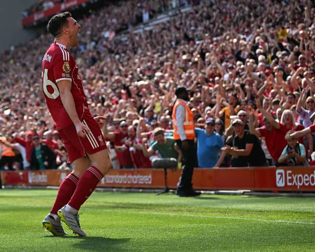 Andy Robertson celebrates his goal from Liverpool in the 3-1 win over Crystal Palace on Saturday. Cr: Getty Images.