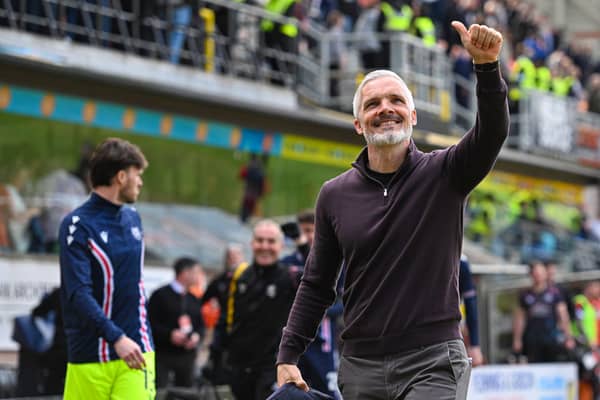 Dundee United manager Jim Goodwin celebrates at full time during a William Hill Premiership match between Dundee United and Dundee (Pic: SNS)