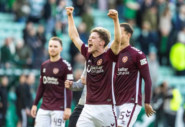 Hearts' Blair Spittal celebrates his side's 2-1 victory over Hibs at Easter Road. (Photo by Mark Scates / SNS Group)