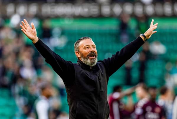 Hearts Head Coach Derek McInnes celebrates at full time 