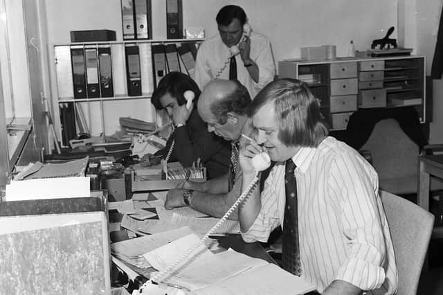 Officers take calls in the World’s End murders incident room at Fettes police headquarters in Edinburgh in 1977